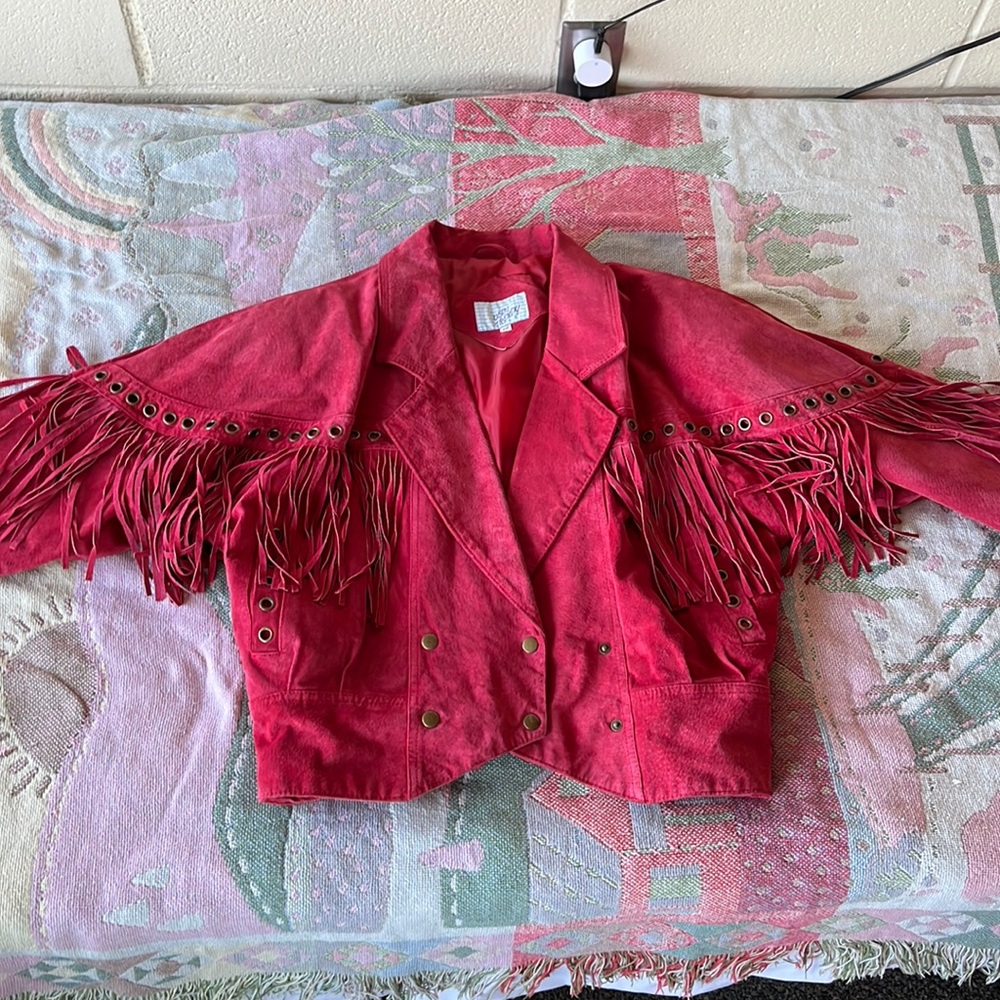 Vintage 1980s red leather fringe jacket